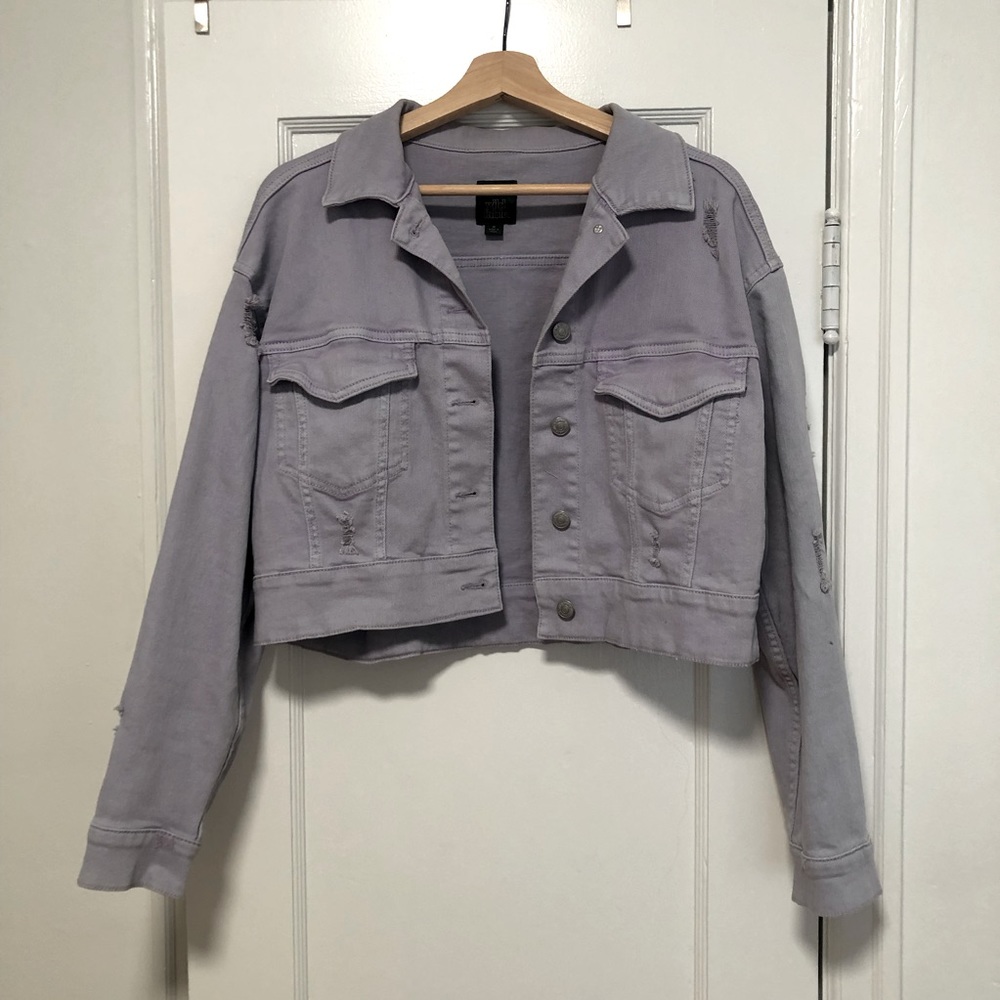 Lavender cropped distressed stretch denim jacket